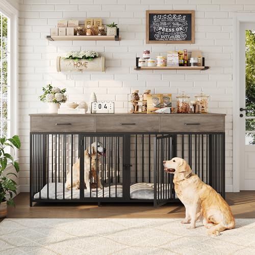 HOSTACK Double Dog Crate, 71" W Indoor Dog Kennel Furniture for 2 Dog, Grey