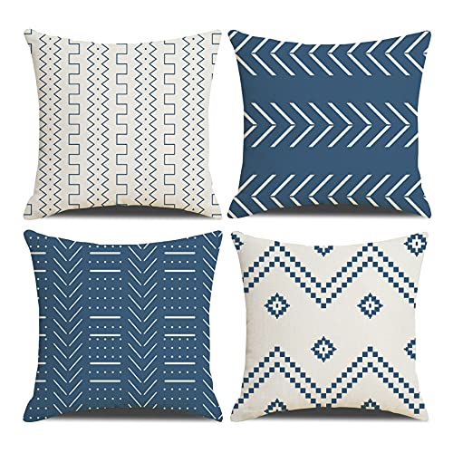 Fundas de Cojines 60 x 60 cm Farmhouse, Juego de 4 Cuadradas Con Textura Patchwork Azul Claro para Sofá, Silla, Dormitorio, Decoración Moderna Hogar y Oficina
