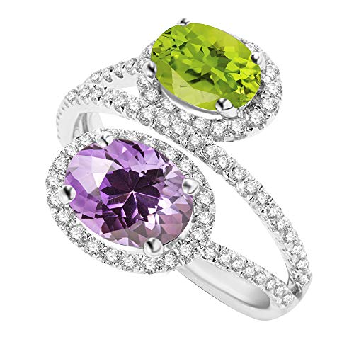 925 Sterling Silver with 3.50 CTTW Natural Peridot, Amethyst and White Topaz Two Stone Bypass Style Engagement Wedding Ring for Women's