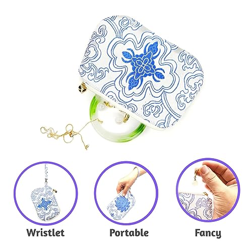 Image of Exquisite Handmade Silk Zipper Jewelry Pouch with Wristlet Strap | Women's Coin Purse Brocade Wallet for Makeup and Gifts, White