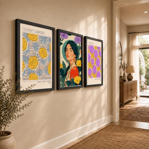 Image of NoWorries Modern Portrait Art & London Floral Wall Frames Paintings | Chelsea & Covent Garden Botanical 300 GSM Premium Prints | Stylish Home Decor for Living Room, Office & Bedroom | Synthetic Wooden Wall Art Frames (Set of-3) (BLACK, ART-11, 17X25INCHES)