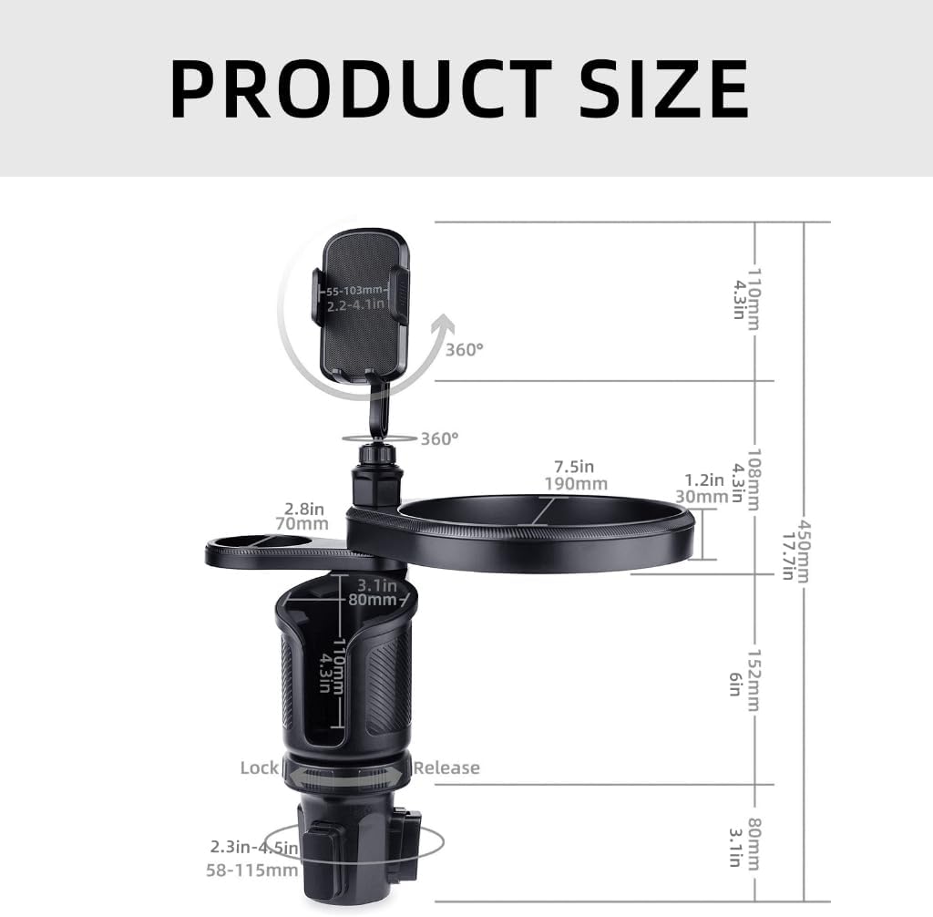 Universal Car Cup Holder Tray Car Cup Holders Extender Tray with Rotatable Phone Holder Cups Holders Food Table Tray