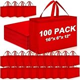 Windyun Reusable Grocery Bags Large Non Woven Shopping Bags with Handles Foldable Portable Tote, 16x6x12 Inch(Red,100 Pcs)