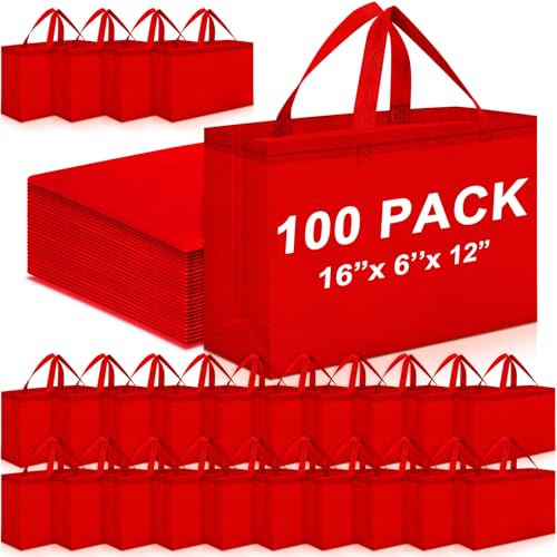 Windyun 100 Pcs Reusable Grocery Bags Large Shopping Tote Bulk, Red