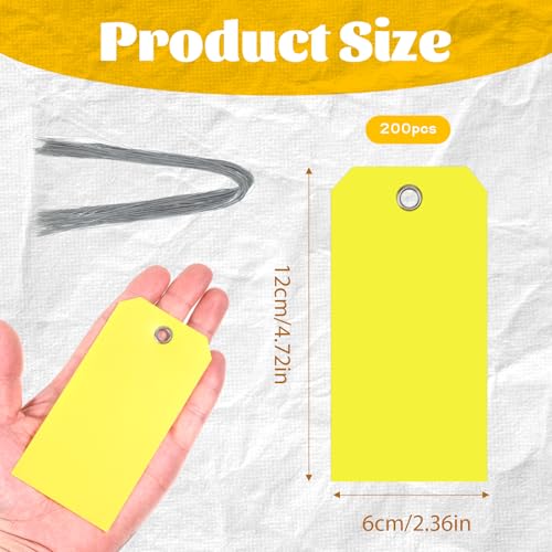 200 Pieces Plastic Shipping Tags with Wire, Large Yellow Plastic Tag, Waterproof Blank Tags with Holes, Heavy Duty Labeling Tag with String Wires(4 3/4\" x 2 3/8\") - Thumbnail 2