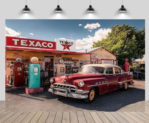 CHNYWORK 6x4ft Retro Gas Station Backdrop Classic Theme Route 66 Service Station Gas Pumps Retro Car Texaco Store Background Vintage Birthday Wedding Party Decor Studio Photo Booth Props Wallpaper