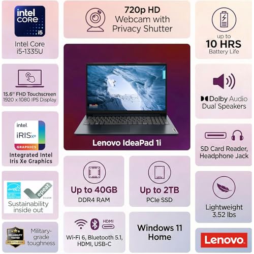 Image of Lenovo IdeaPad 1i 15.6 inch FHD Touchscreen Laptop, Intel 10-Core i5-1335U (Beat i7-1255U), 24GB RAM 1TB PCIe, Wi-Fi 6, Webcam, HDMI, SD Card Reader, Windows 11 Home, Abyss Blue, WOWPC Recovery USB