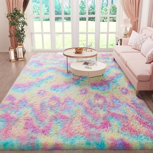 image for Ophanie Rainbow Colorful Rugs for Living Room 5x8, Unicorn Fluffy Shag