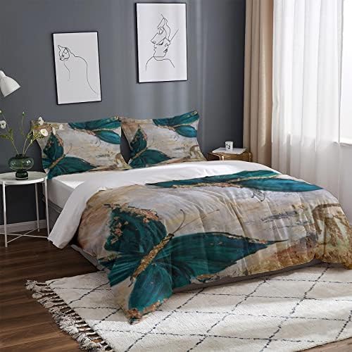 MAJJAKJH Modern Blue Butterfly 3 Piece Bedding Duvet Cover Set, Abstract Golden Texture Comforter Cover Sets, Cozy Breathable Quilt Cover with 2 Pillow Shams, Help Improve Sleep, Twin 68" x86"