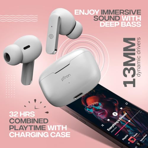 Image of pTron Bassbuds Duo in Ear Earbuds with 32Hrs Total Playtime, Bluetooth 5.1 Wireless Headphones, Stereo Audio, Touch Control TWS, with Mic, Type-C Fast Charging, IPX4 & Voice Assistance (White)