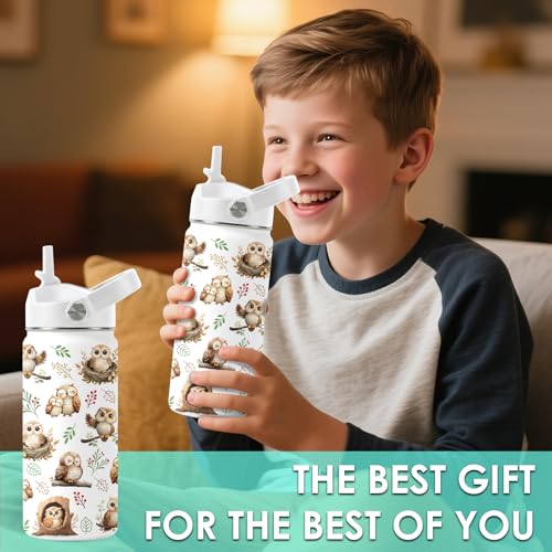 Owls Gifts for Kids - 16oz Kids Water Bottle with Straw Lid, Stainless Steel Insulated Bottle, Leak Proof, BPA-Free, Owl Travel Cup for School, Travel, Birds Lovers Children Birthday Gifts Cup(1pc)