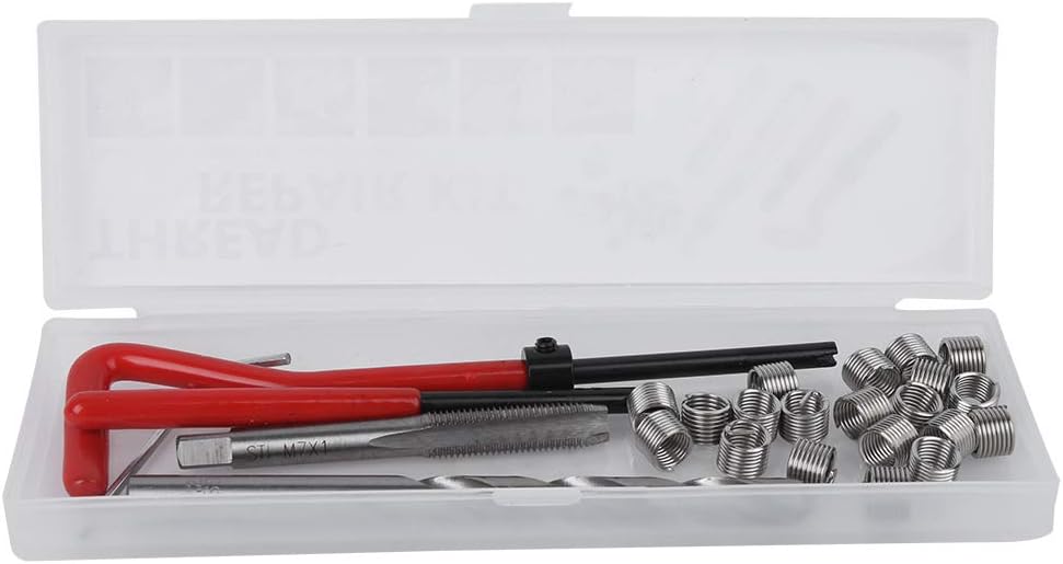 Ejoyous25Pcs Thread Repair Insert Kit with Transparent Plastic Box for Processing Machinery, M7 Thread Repairing Accessory Assortment Kit for Damaged Threads in Steel, Iron, Aluminum