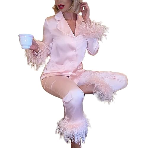 shownicer Pyjama Satin Damen Set Weihnachten Party Schlafanzug Lang Elegant Nachtwäsche Zweiteilige Sexy V-Ausschnitt Button Down Feder Einfarbig Pyjama Set Gift - XS - Rosa