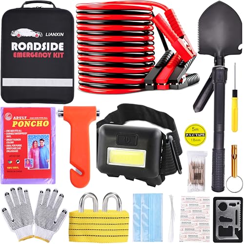 Emergency Car Kit - Premium Roadside Assistance Kit for Cars with Jumper Cables, Headlamp, Folding Shovel & Tow Strap All-in-One Vehicle Safety Kits for Winter, Travel, Survival (Men & Women)