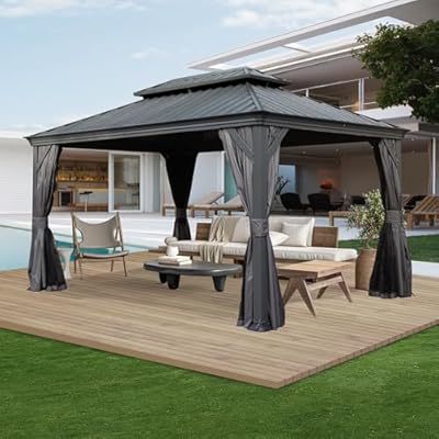 Domi 12’ x 14’ Outdoor Hardtop Gazebo, Upgraded Metal Gazebo with Galvanized Steel Double Roof, Heavy Duty Canopy Permanent Pavilion for Patio Lawn and Garden, Curtains and Netting Included, Grey