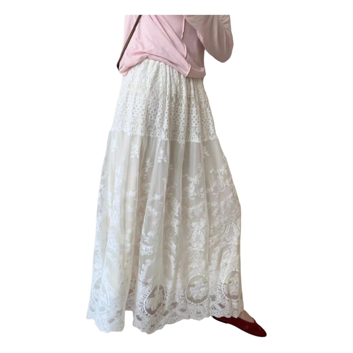 Gonne Donna Abito Maxi in Pizzo Bianco, Gonna Vita Alta A-Line, Abbigliamento Primavera Estate Stile Bohemian