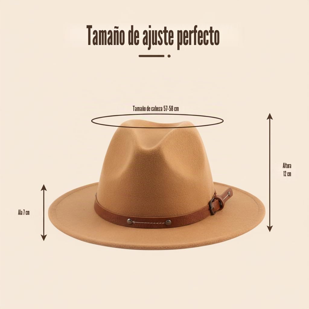 QUUPY Sombrero Fedora clásico de fieltro caqui de ala ancha, sombrero de Panamá para otoño e invierno, sombrero de jazz con remache cinturón hebilla banda y cordón ajustable