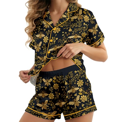 Image of HUNTFAMI Womens Soft Silky Satin Pajamas Set, 2 Pcs Sleep Short Pajamas for Mom and Grandma Button Down Summer Loungewear