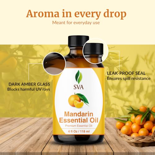 Image of SVA Mandarin Essential Oil 4 Fl Oz - for Diffuser, Skin & Hair Care - Ideal for Massage & DIY Blends - with Dropper