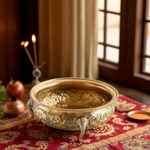 Image of INDIAN ART VILLA Brass Elephant Trunk Urli with Embossed Design, Ideal for Home Decor, Festivals, and Gifting, Traditional Indian Decorative Piece for Spiritual and Elegant Ambiance, 6 Inches