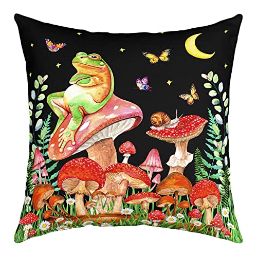 Red Mushroom Pillow Cover 18X18 Inch Cute Frog Butterfly Snail Animals Square Throw Pillow Cover For Teens Adult Bedroom Decor Watercolor Flowers Weeds Rustic Plant Decorative Cushion Cover #TOP18