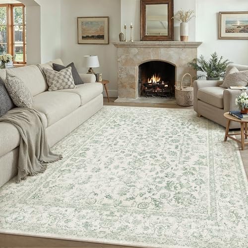 Image of PureCozy Rugs Living Room 240x300 cm Extra Large Vintage Washable Non Slip Area Rugs Retro Floral Lightweight Carpet for Bedroom Dining Room Hall Lounge Office Indoor Home Decor, Green