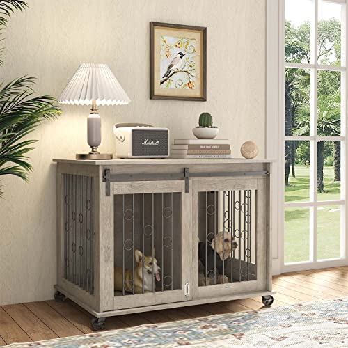 Ichbingo Dog Crate Furniture With Sliding Barn Door, 39" Wooden Dog Kennel End Table With Wheels And Flip-Top Plate Dog House With Detachable Divider For Small/Medium/Large Dog (Rustic Grey) #TOP2