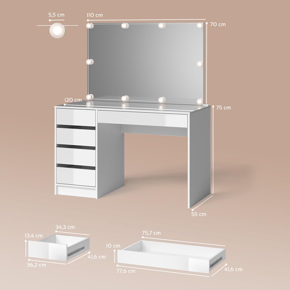 Livinity Tavolo da toeletta Imola, Bianco, 120 cm | con illuminazione a LED