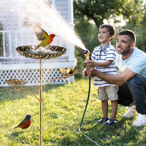 Image of 3-in-1 Triple Bowl Bird Bath Feeder Combo, Metal Birdbath for Outside | Black Gold Finish, 4-Claw Ground Stake, 11.8in Main Bowl, Two Side Bowls, Powder-Coated, For Outdoor Garden Yard