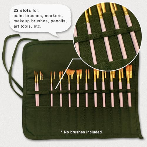 Image of Life-Mate Roll Up Paint Brush Holder with 22 Slots 2 Ties in Canvas for Colored Pencils Watercolor Brush Pens Watercolor Paint in Green