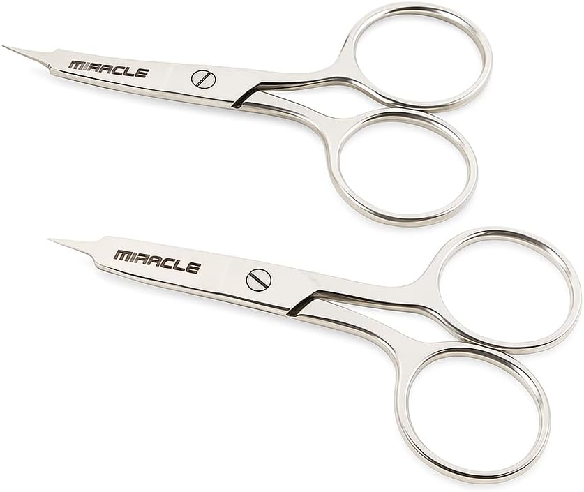 MIRACLE 2 PC Cuticle Scissors Set 4 Inch Ultra Fine Curved & Straight Blade Nail Scissors Precision Tip Manicure & Pedicure Set,Stainless Steel Beauty Tools for Eyebrow, Eyelash & Cuticle Care
