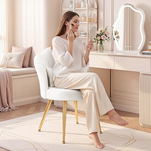 BestGlory Petal Makeup Vanity Chair with Back, Flower Chair Comfy No Wheels for Girls Women, Makeup Chair with Golden Metal Legs & Lumbar Pillow for Living Room/Makeup Room/Bedroom/Home Office - White