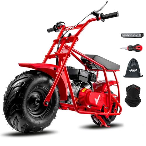FRP GMB100 99CC 4-Stroke Mini Dirt Bike - Powerful 3HP Off-Road Trail Mini Bike with LED Headlight/Neck Gaiter, 24MPH Top Speed, Supports 185LBS, Kids/Adult Compatible (Red)