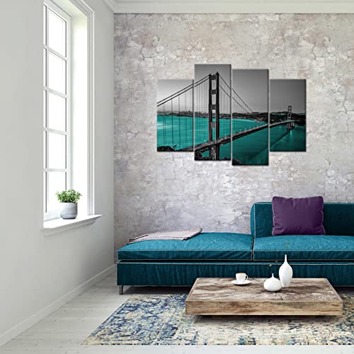 Ilooklike 4 Panels Teal Golden Gate Bridge Canvas Wall Art Black And White Cityscape Artwork Framed Turquoise San Francisco Pictures For Modern Home Office Decoration Stretched And Ready To Hang #TOP2