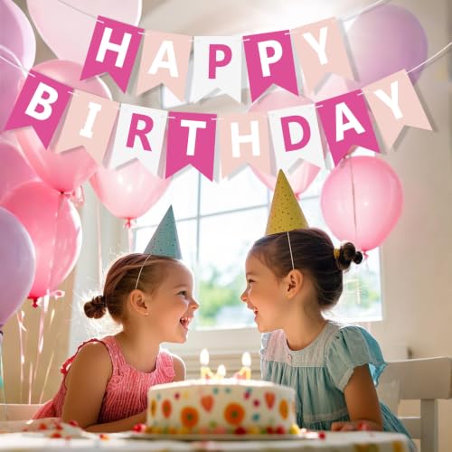 Image of Happy Birthday Banner Sign, Birthday Garland Wall Door Hanging Banners Flag for Women Men Boys Girls Party Backdrop Decorations, Personalized Name Banner White Letters Pink and White