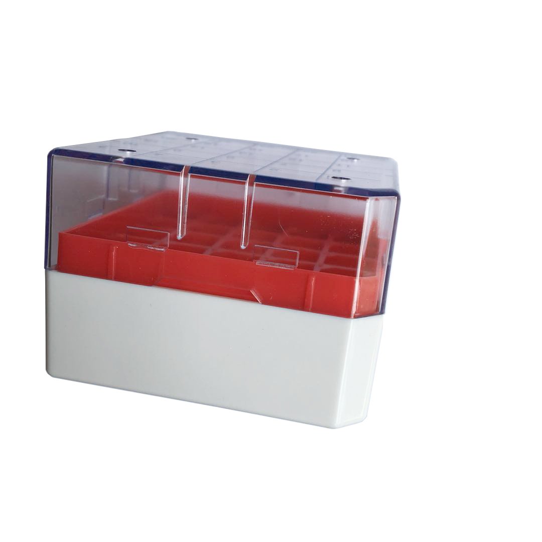 MUHWA Caja Criogénica de Policarbonato, 25 Posiciones (5×5), 75×75×52 mm, Rojo, de Laboratorio