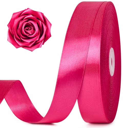 100 Yards 1 Inch Rose Red Satin Ribbon Solid Craft Fabric Fiusha Ribbon for Gift Wrapping Hot Pink Bows Making Flower Bouquet Wedding Party Decoration