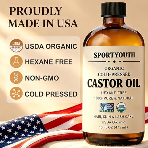 Image of SPORTYOUTH Organic Castor Oil, Cold Pressed, Glass Bottle 16oz, USDA Certified Organic, Hexane Free, 100% Pure, Non-Gmo, Vegan for Hair, Face, Skin, Lash, Brow, Body, Massage, Oil Pack Wrap