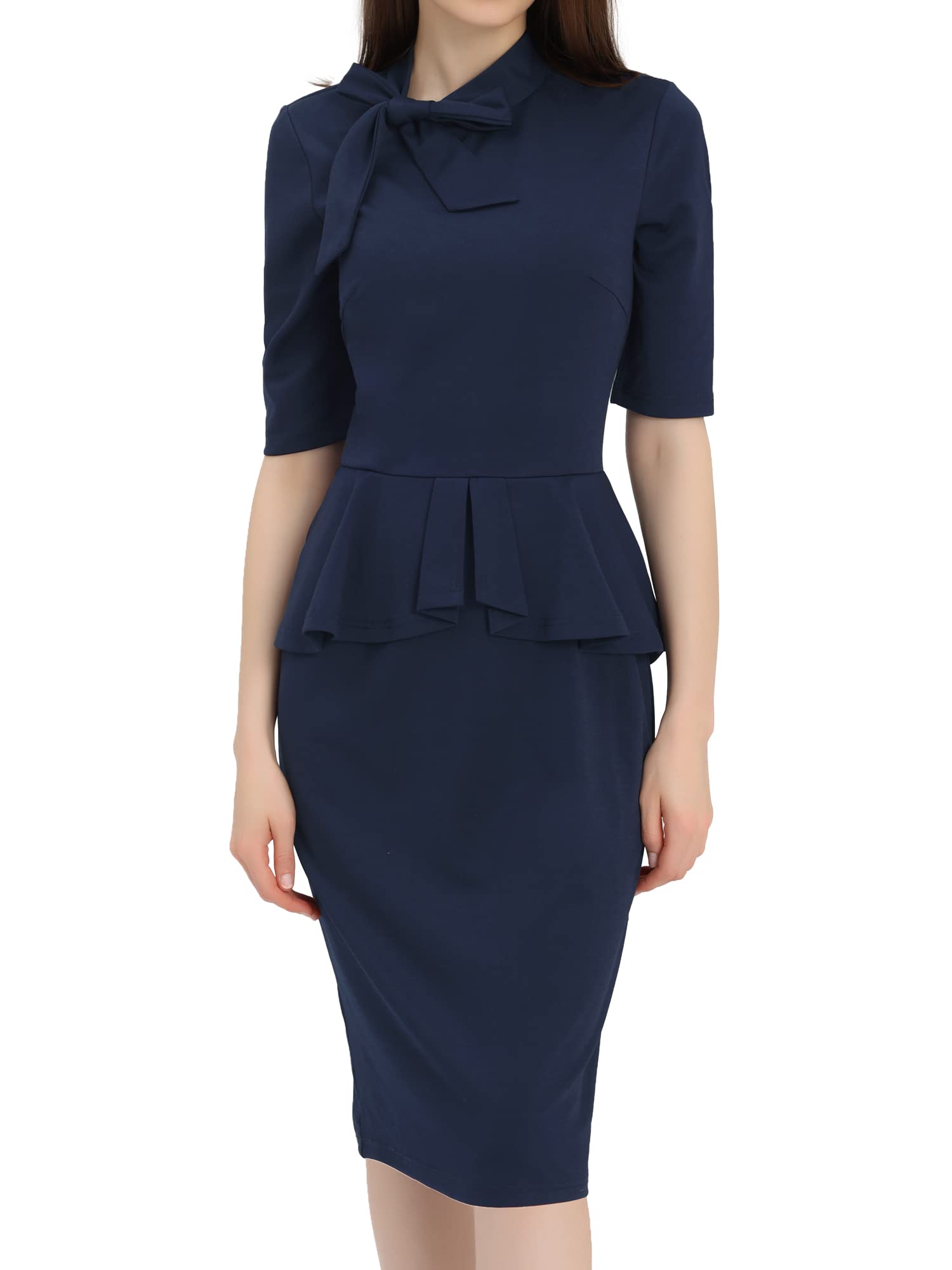 Allegra KRound Neck Pencil Dress for Women's Bow Ruffle Business Peplum  Dress