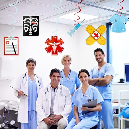 Image of Nurses Week Hanging Swirl Decorations, 30 PCS Red and Blue Nurse Graduation Party Supplies Foil Whirls Ceiling Streamers Thank You /Happy Nurse Doctor Medical RN Appreciation Gifts Bulk Party Birthday