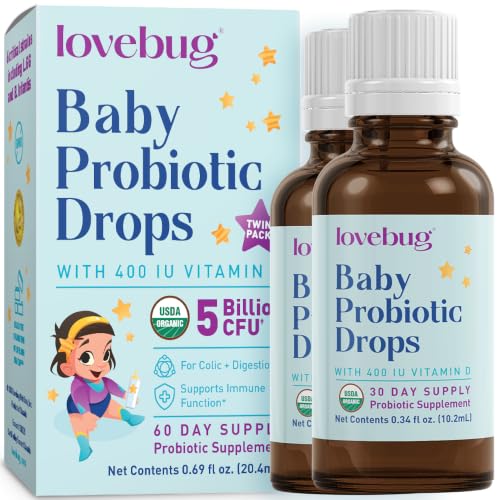 LOVEBUG Award Winning USDA Organic Probiotic for Infants & Babies 0-12 Months | Helps w/Colic Reflux Diarrhea Constipation & Gas | Multi-Strain 5 Billion CFU | Liquid Drops (60 Days Supply) - 20ml