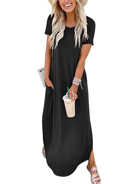 ANRABESS Womens Summer Maxi Dress Short Sleeve Casual Loose Long T Shirt Dresses Split Vacation Beach Sundress Travel Outfits