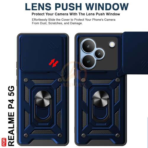 Image of Armor Bumper Back Cover Case for Realme P4 5G Rotating Camera Cover, Ring Holder & Kickstand | Heavy Duty & 360 Degree Protection Realme P4 5G Back Cover (Blue)