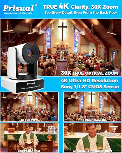 Image of Prisual Ultra 4K PRO NDI PTZ Camera Gen 5, 30x Optical Zoom, 1 /1.8 inch UHD CMOS 8.42MP, 4K 60P AI Tracking, HDMI SDI USB3.0&2.0 for Church, Freed Support(Official NDI 6 & NDI HX3 Certified)TEM-4K30N PRO