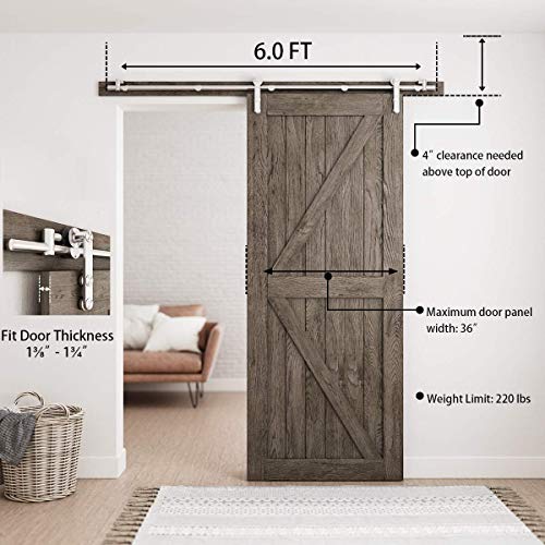 Smartstandard 6 Feet Stainless Steel Sliding Barn Door Hardware Kit - Heavy Duty Sturdy Barn Door Track - Smoothly And Quietly - Step-By-Step Installation Instruction -Fit 30"-36" Wide Door Panel #TOP11