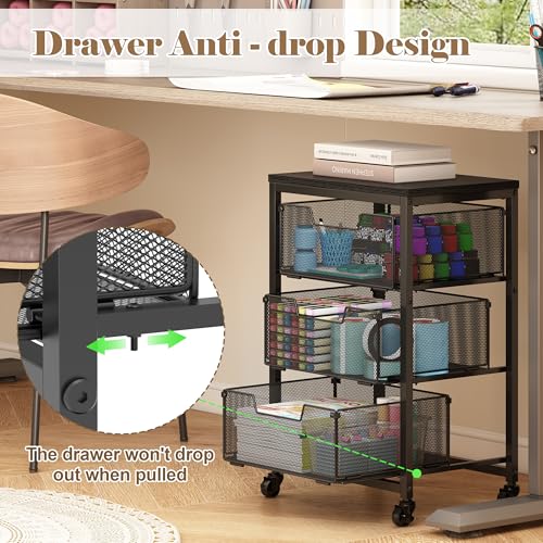 Image of Under Desk Storage Cart with Lockable Wheels, 3-Drawer Rolling Storage Cart, Metal Utility Cart with Drawers for Art, Cart, Classroom, Office, Kitchen, Bedroom, Dorm Storage Under Bed