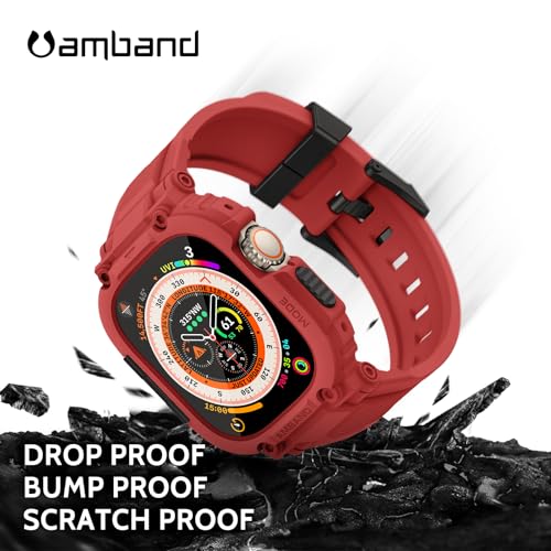 Image of amBand Bands Case Screen Protector Compatible with Apple Watch Ultra 3 /2 /1 49mm, M1 Sport Series Rugged Cover Strap and 9H Tempered Glass Film, Protective Bumper for iWatch 49 mm Men - Mars Red