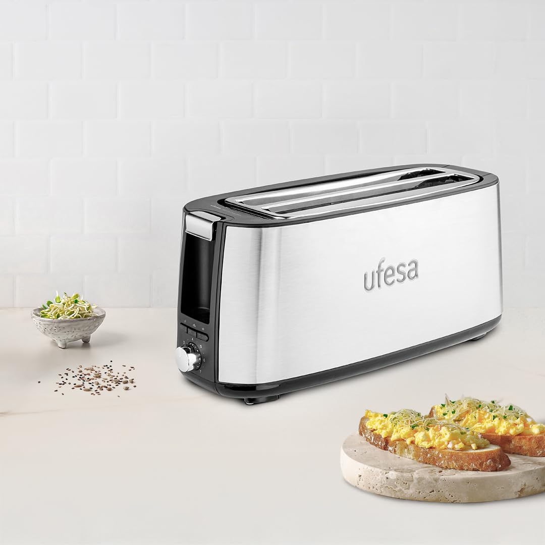 Ufesa Tostadora Toastie Duo Plus 1400W de Acero Inoxidable, 2 Ranuras Largas, 7 Niveles de Potencia, Funciones Recalentar/Descongelar/Cancelar y Bandeja Recogemigas Extraíble