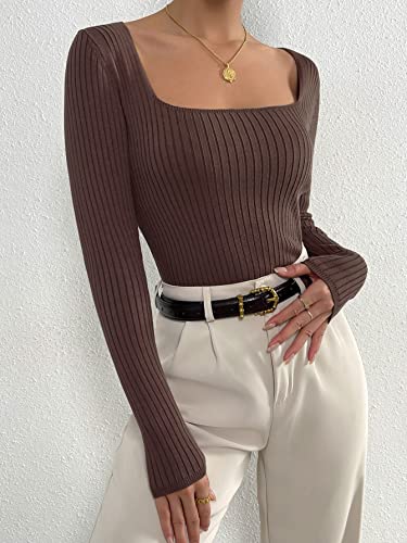 Makemechic Women's Slim Fit Long Sleeve Ribbed Knit Scoop Neck Tee Shirt Tops Sweater Pullovers Coffee Brown S #TOP2