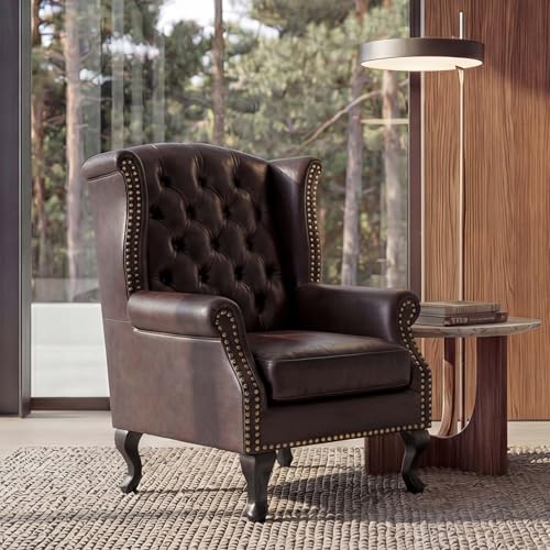 Mendler Sessel Relaxsessel Clubsessel Ohrensessel Chesterfield-AM, Kunstleder - antik-braun ohne Ottomane